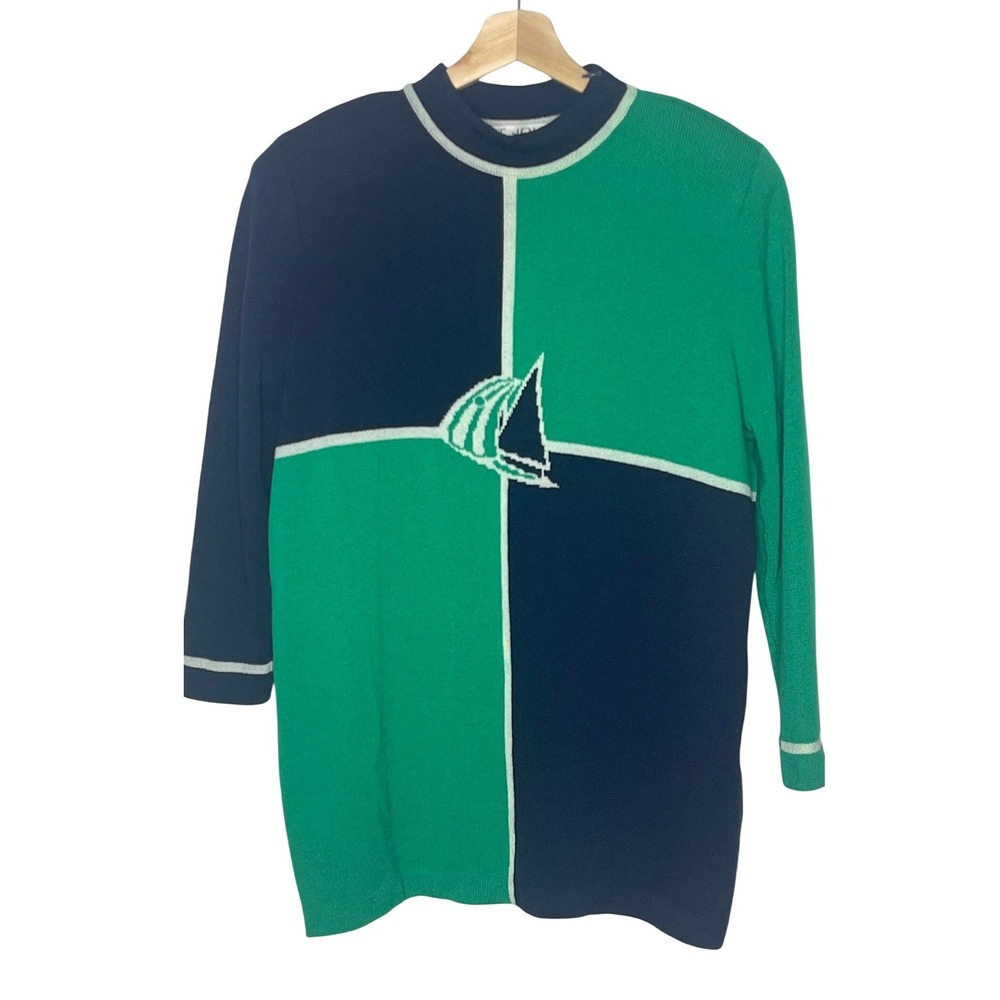 St John Collection Marie Gray Nautical Sailboat Colorblock Knit Top Navy Green L